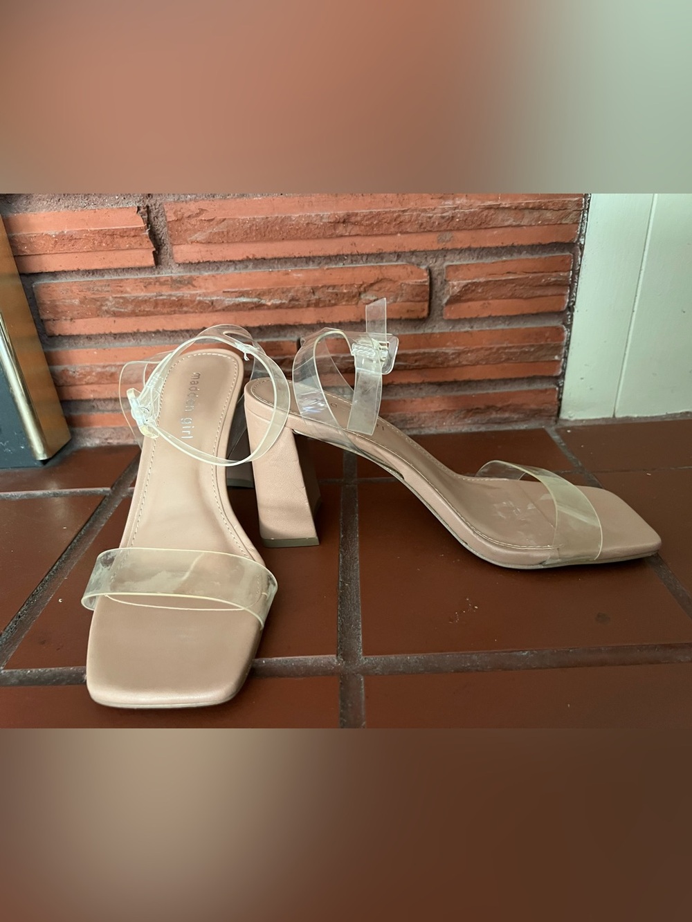 Madden Girl 7.5 Lucite Nude Clear Strap Block Heels Pumps